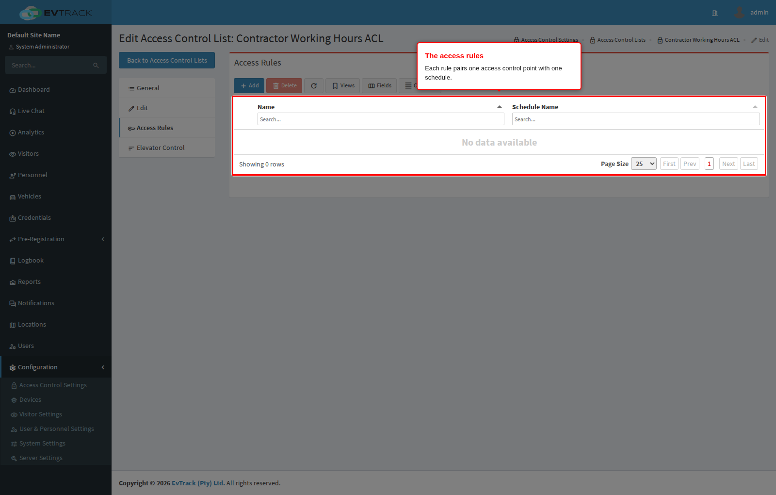 Access rules panel