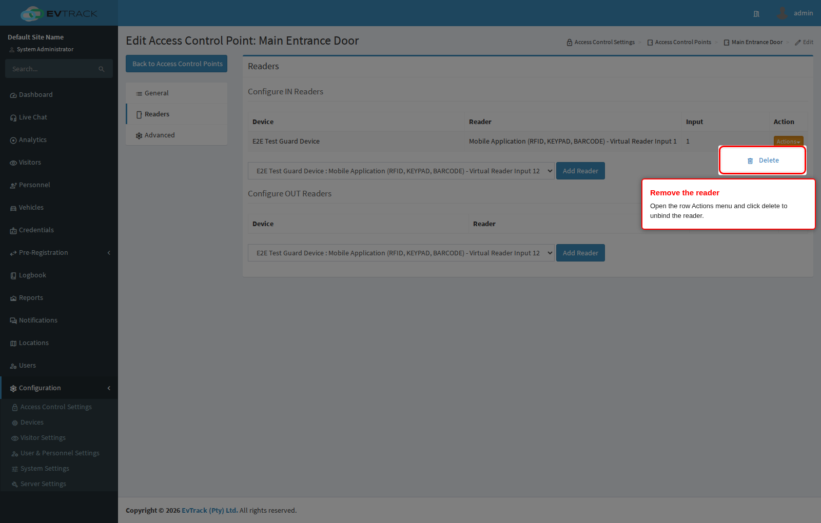 Reader actions menu