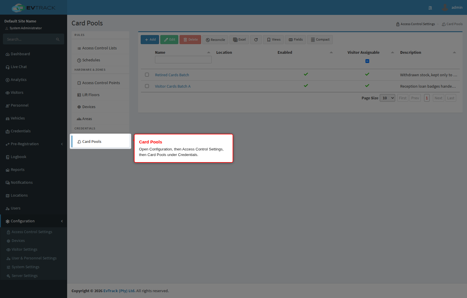 Card Pools in Access Control Settings