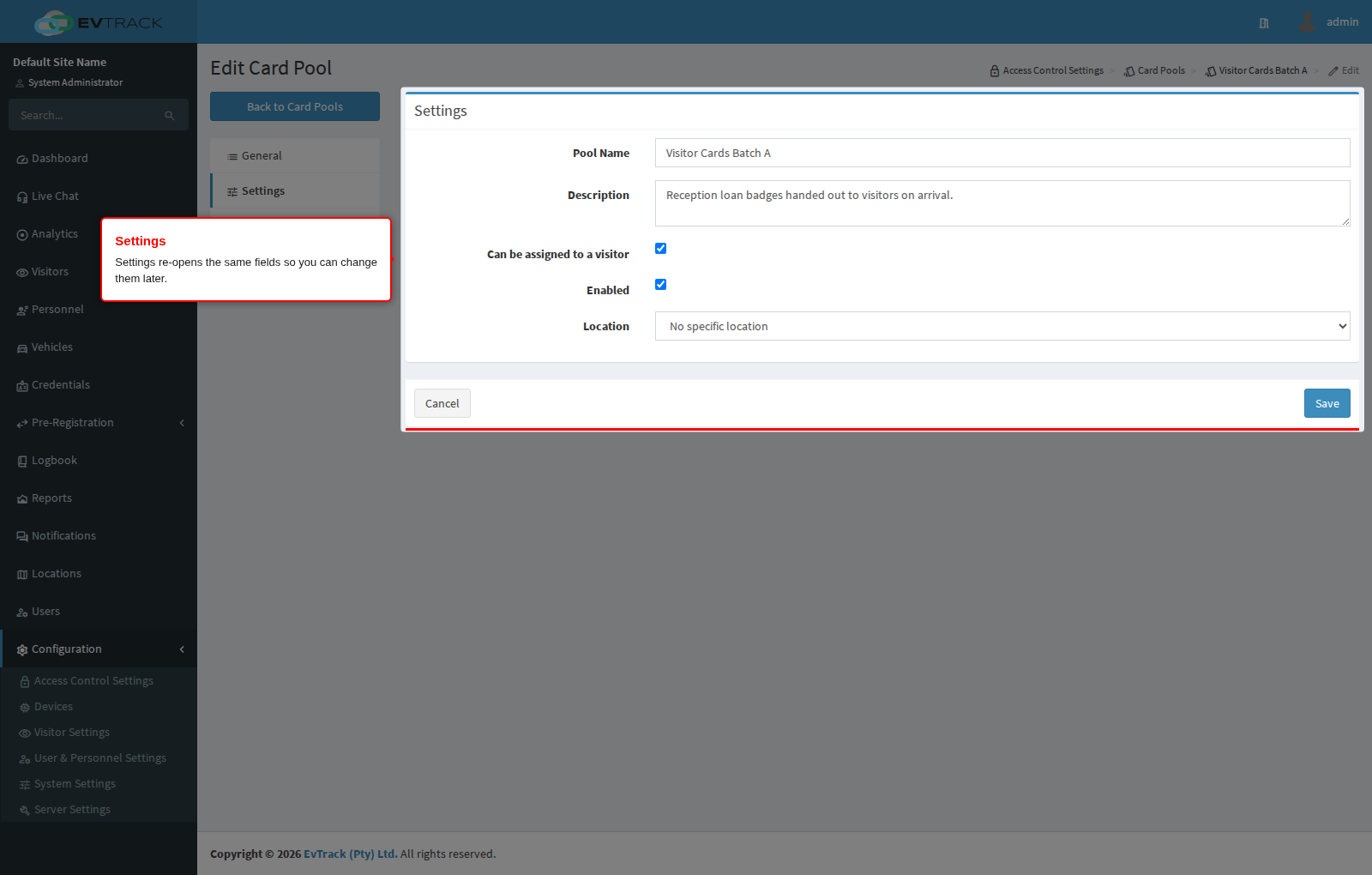Settings panel