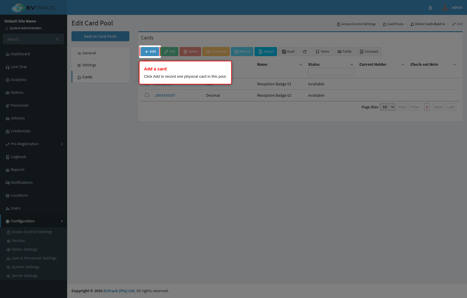 Cards toolbar