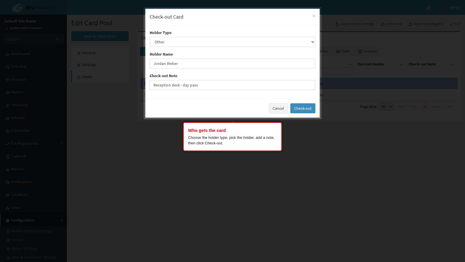 Check-out dialog