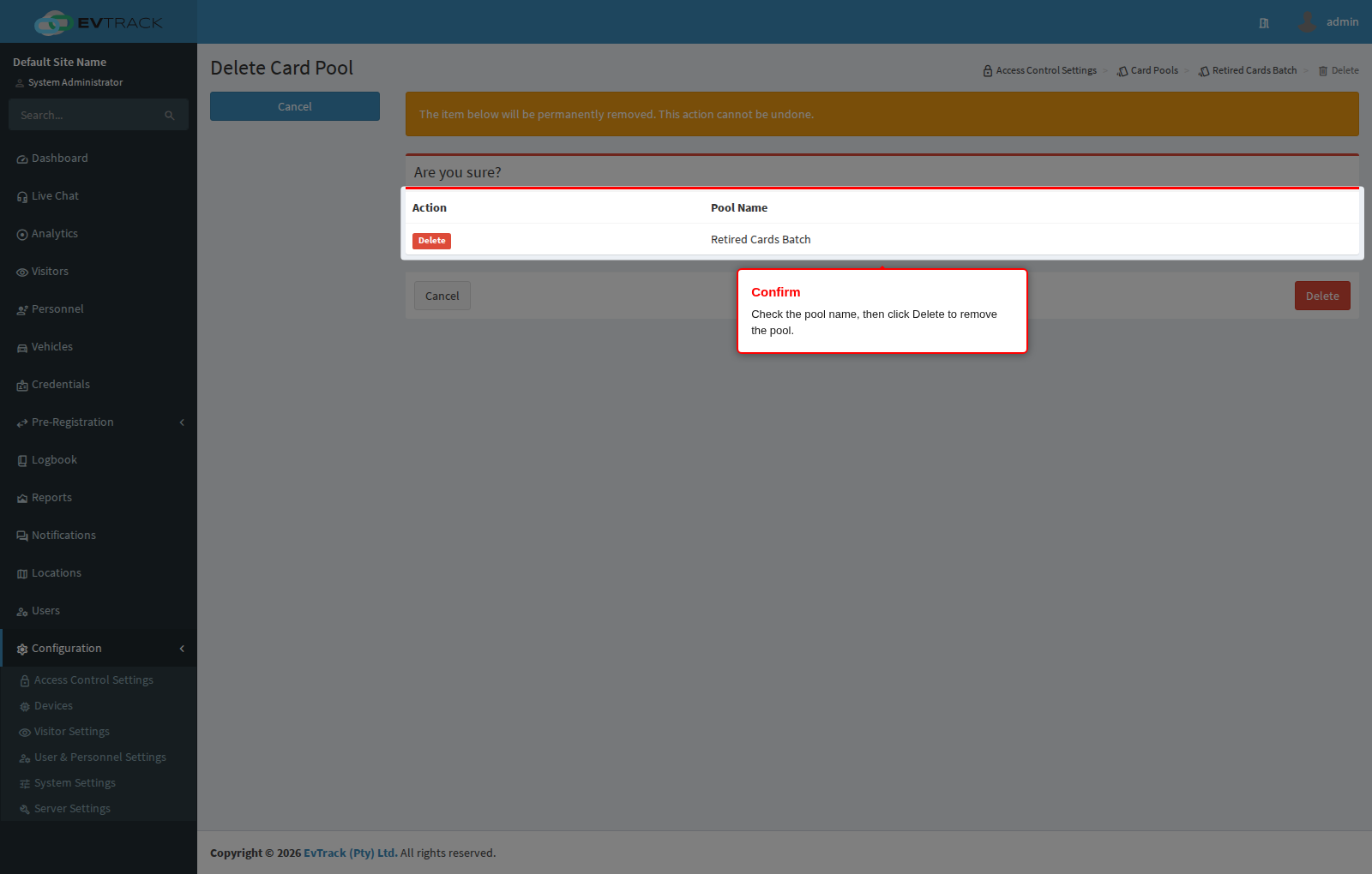 Confirm pool deletion