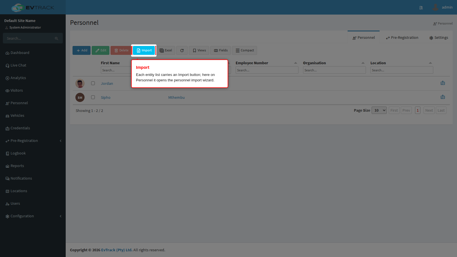 Import button on the Personnel list