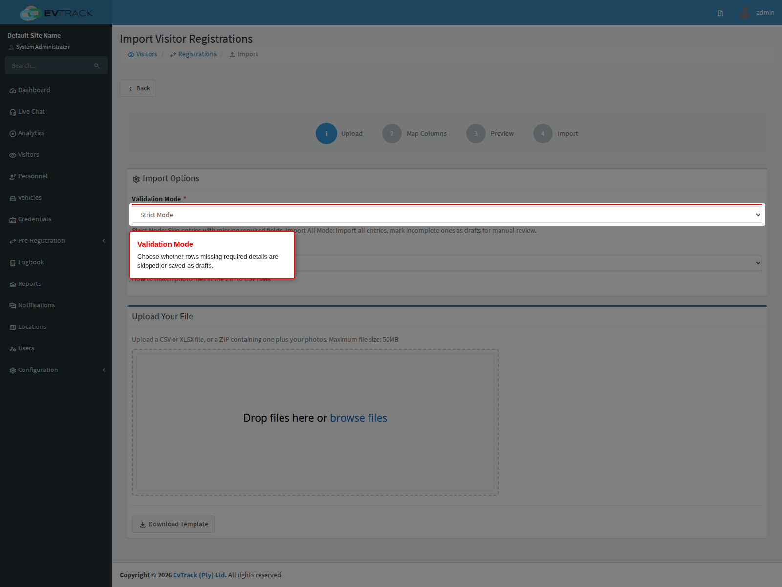 Validation Mode on the visitor registration import