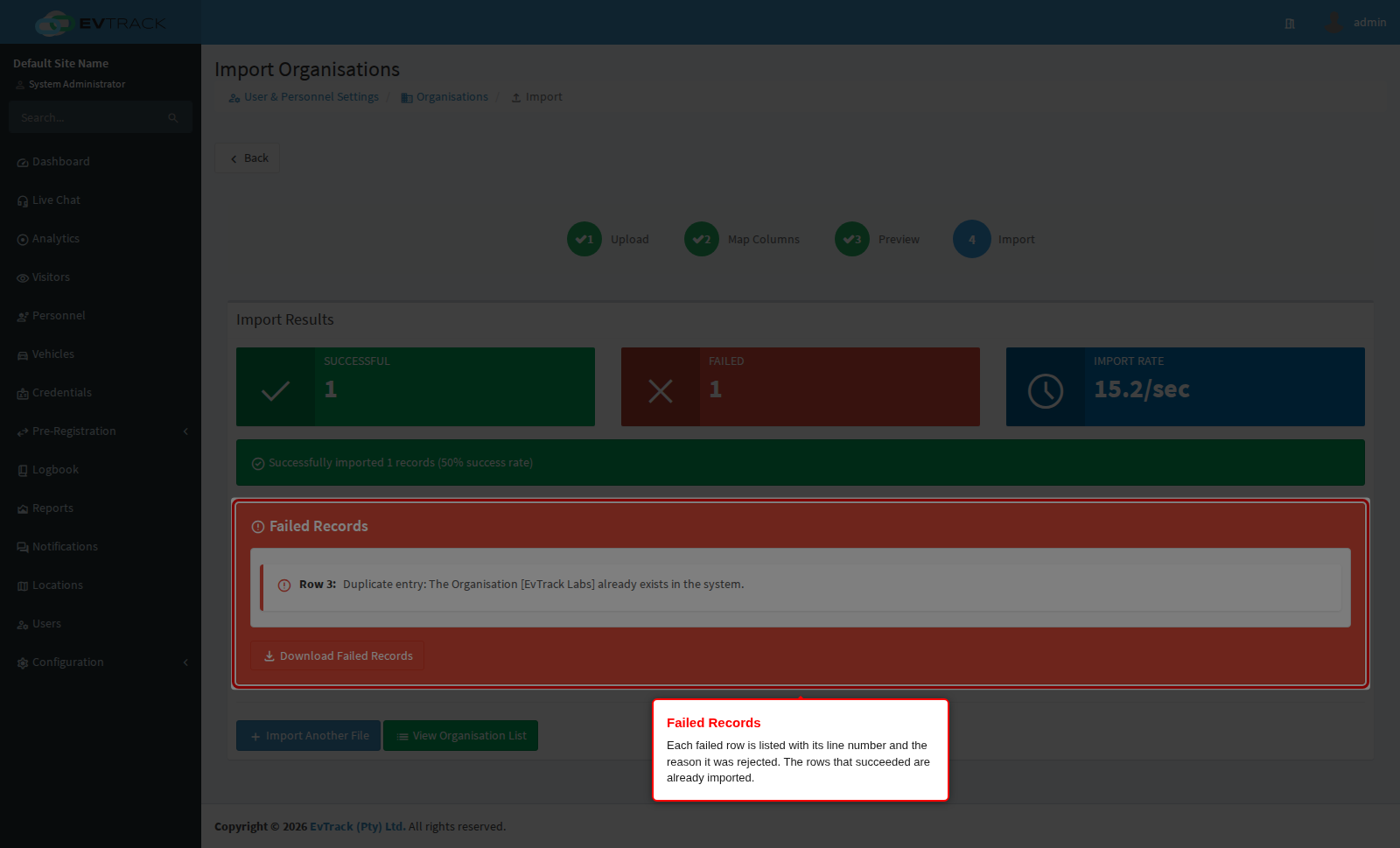 Import results with failed rows