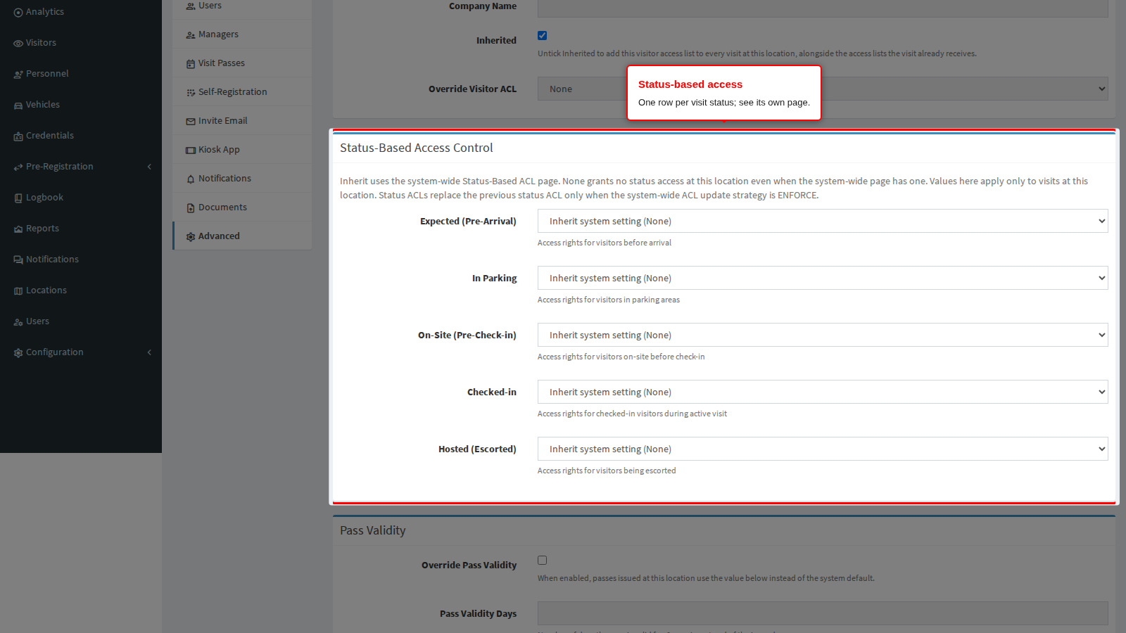 The Status-Based Access Control panel