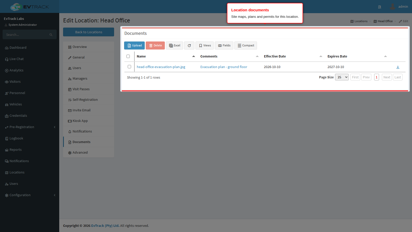 The documents list with the stored file