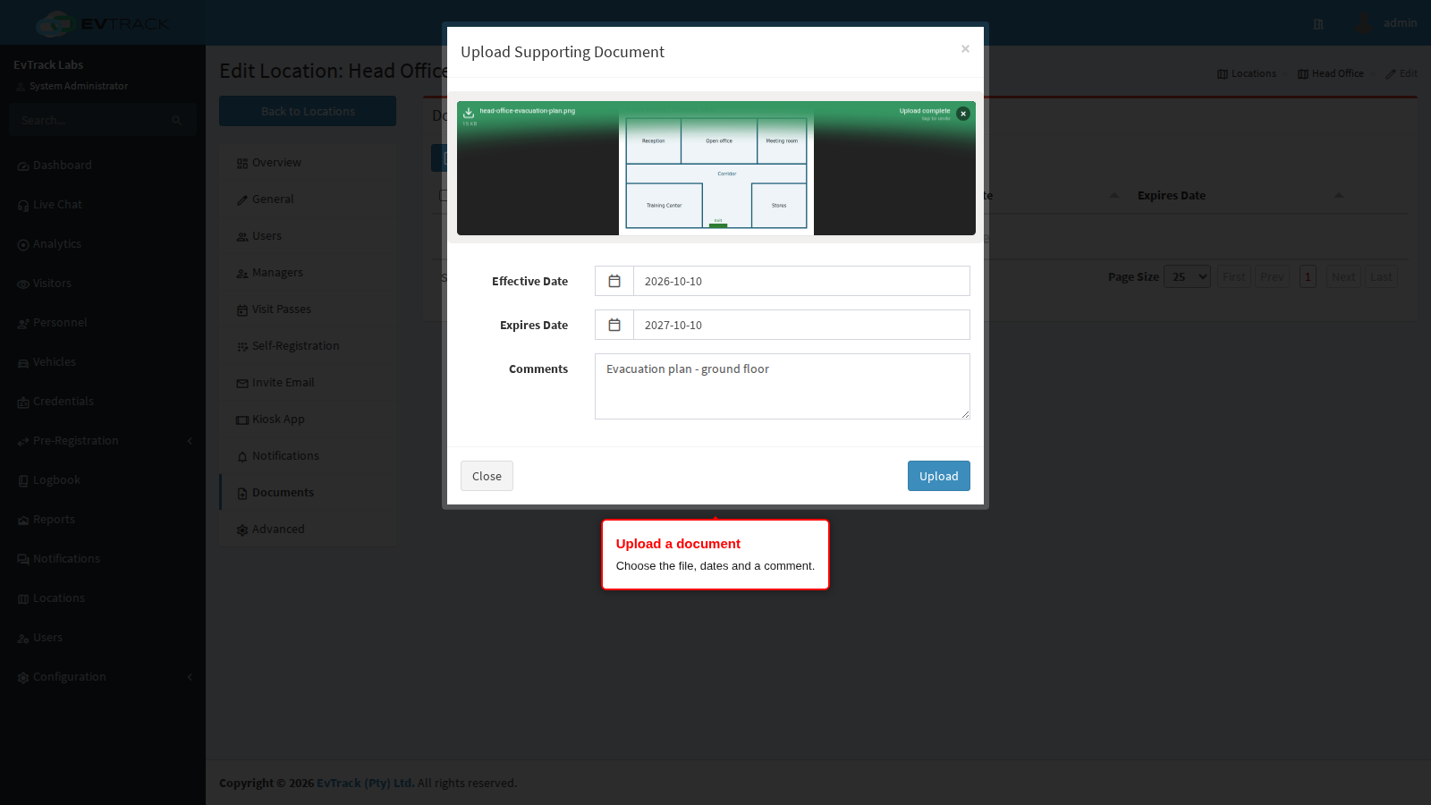 The upload dialog