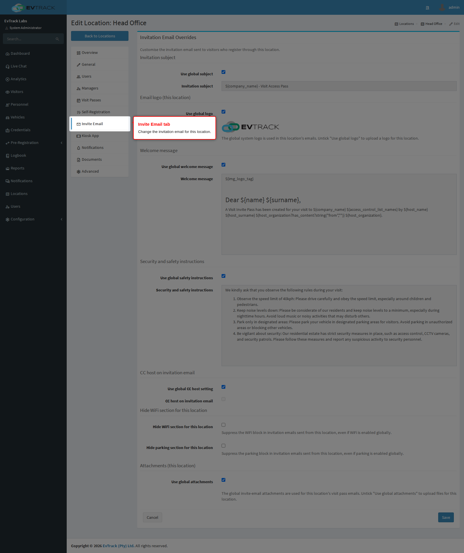 The Invite Email tab