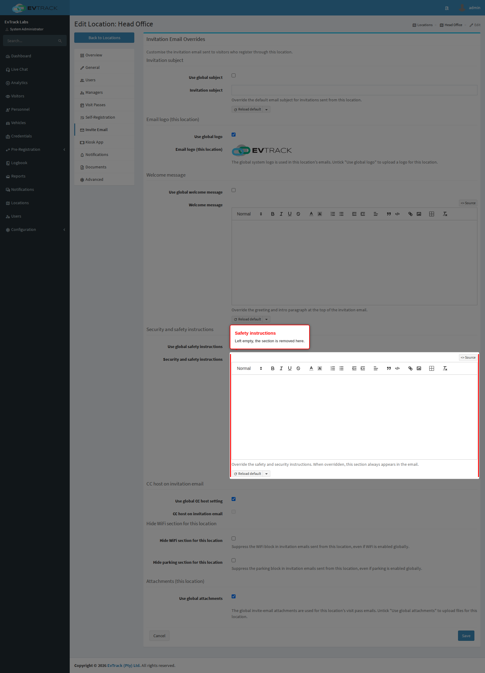The safety instructions editor