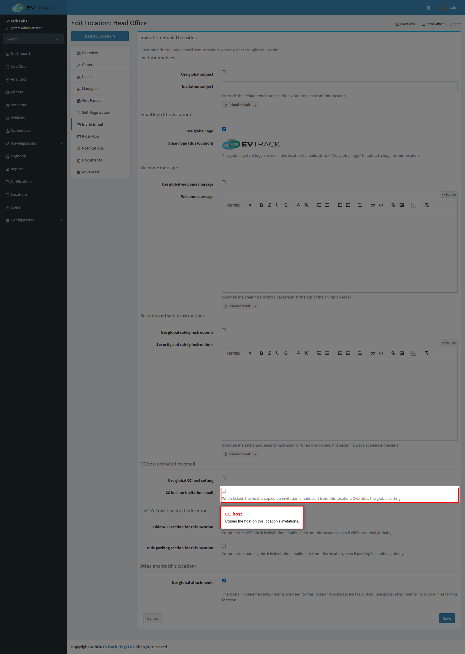 CC host on invitation email