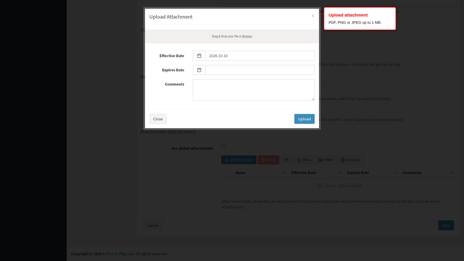 The Upload Attachment dialog