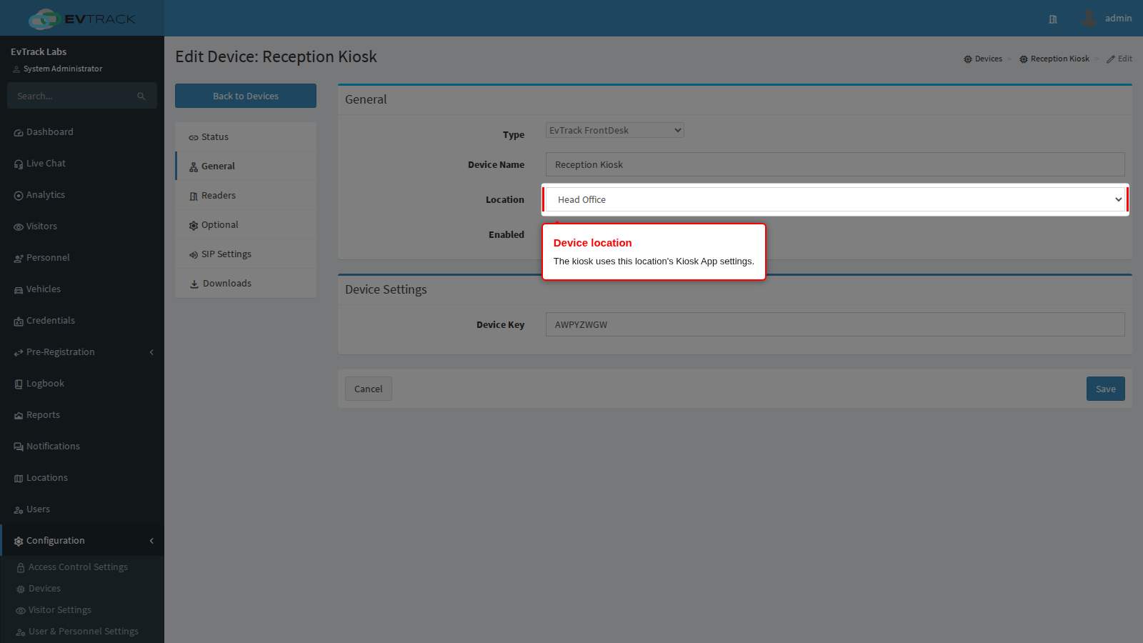 The Location select on the device General panel