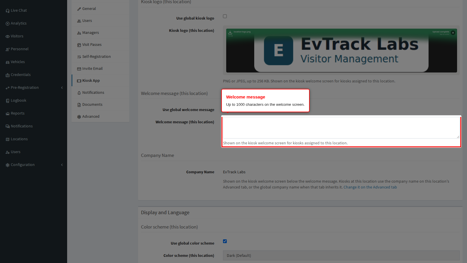 The location welcome message