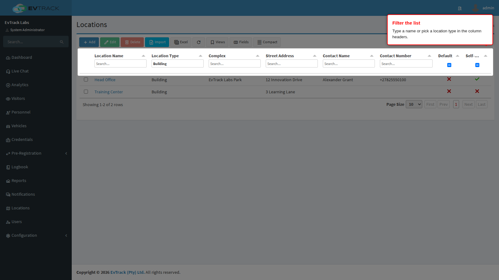 Filters under the column titles