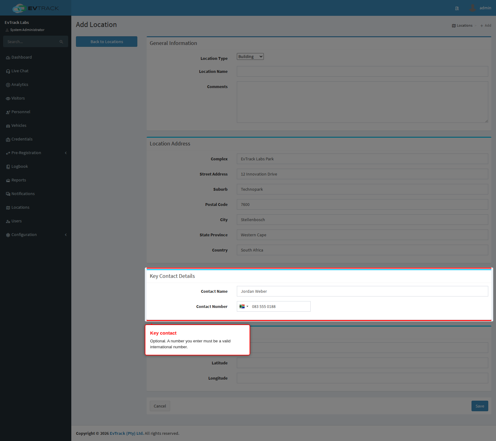 Key contact details on the Add form