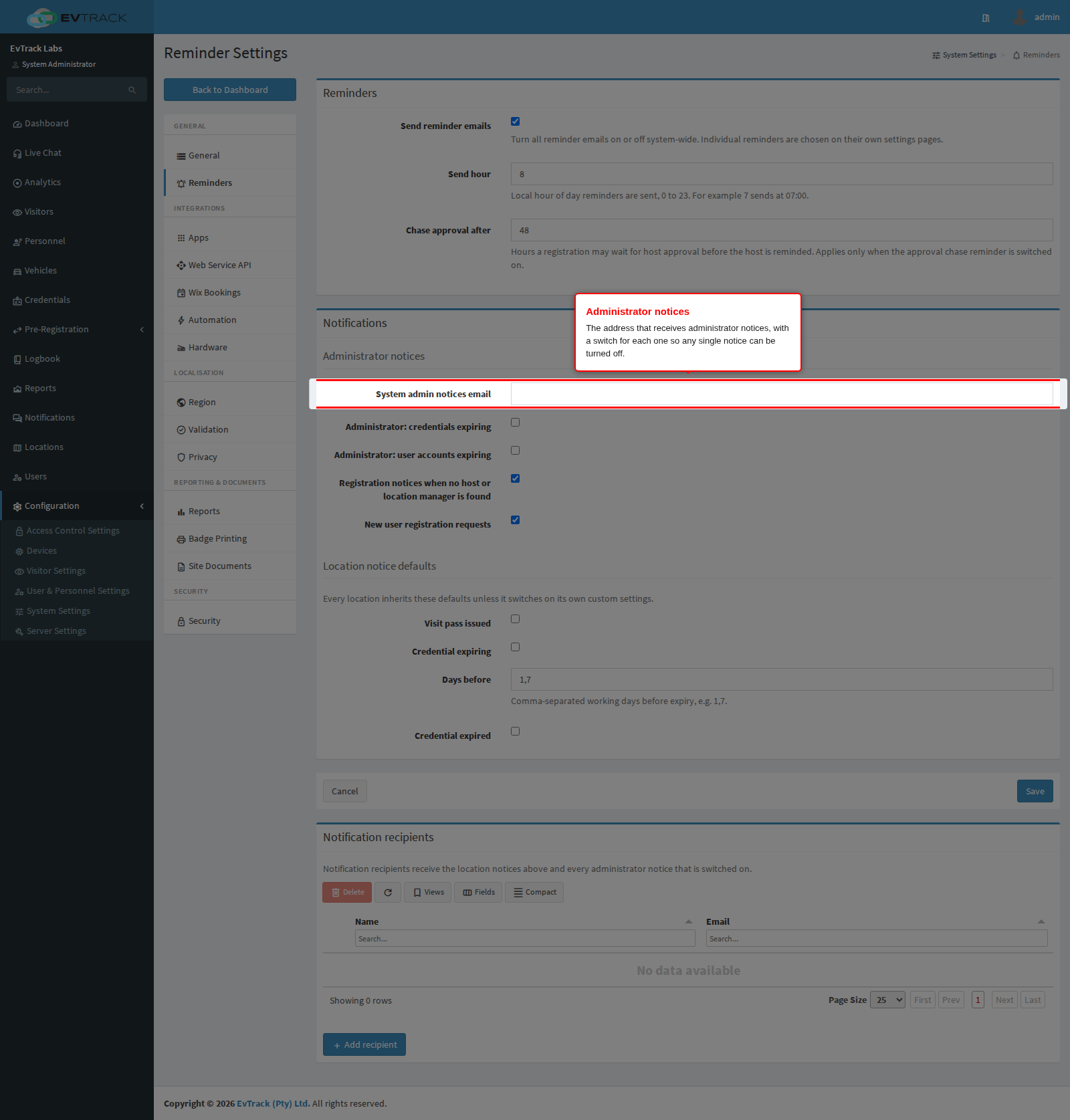 System admin notices email and administrator notice switches