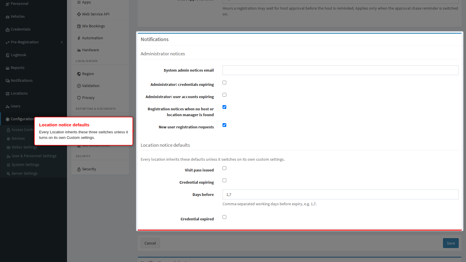 Location notice defaults