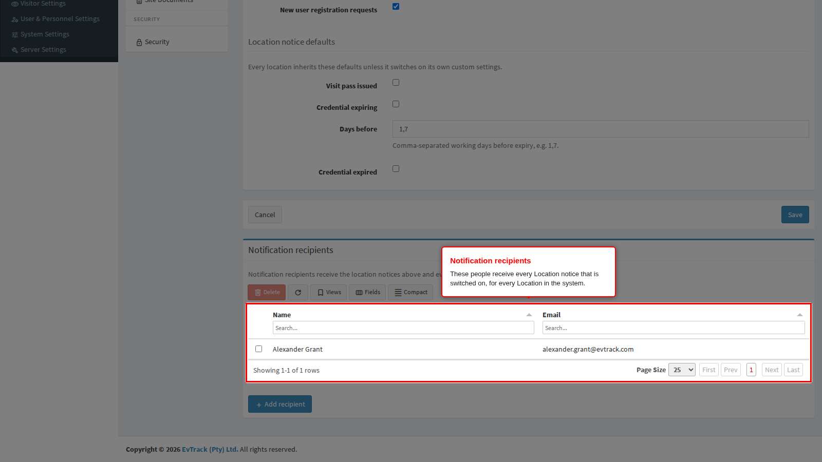 Notification recipients table on the global panel