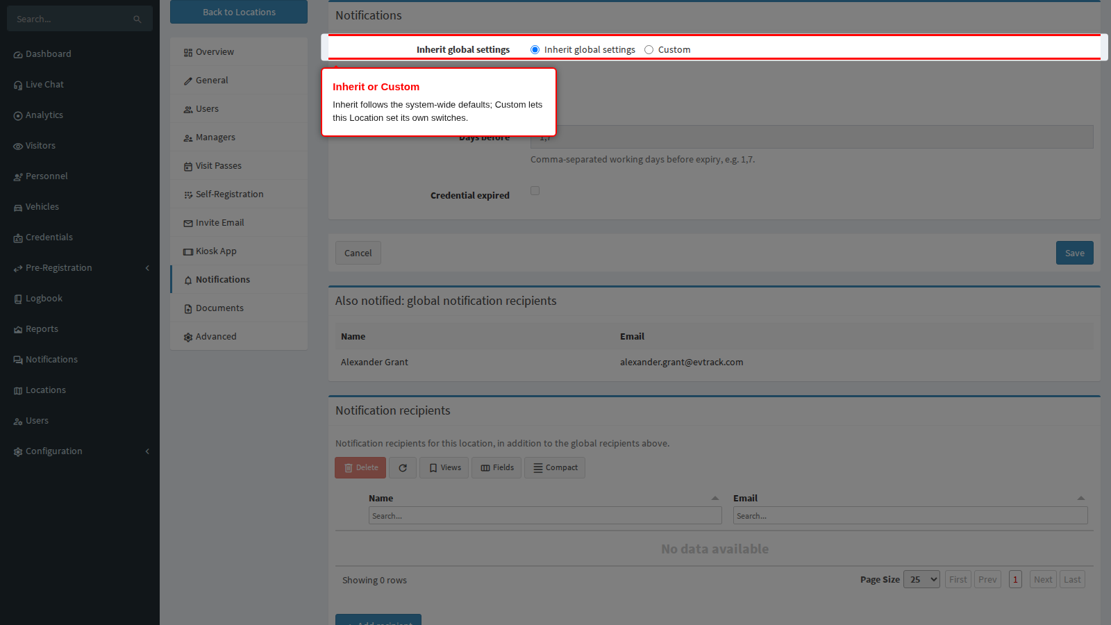 Inherit global settings or Custom