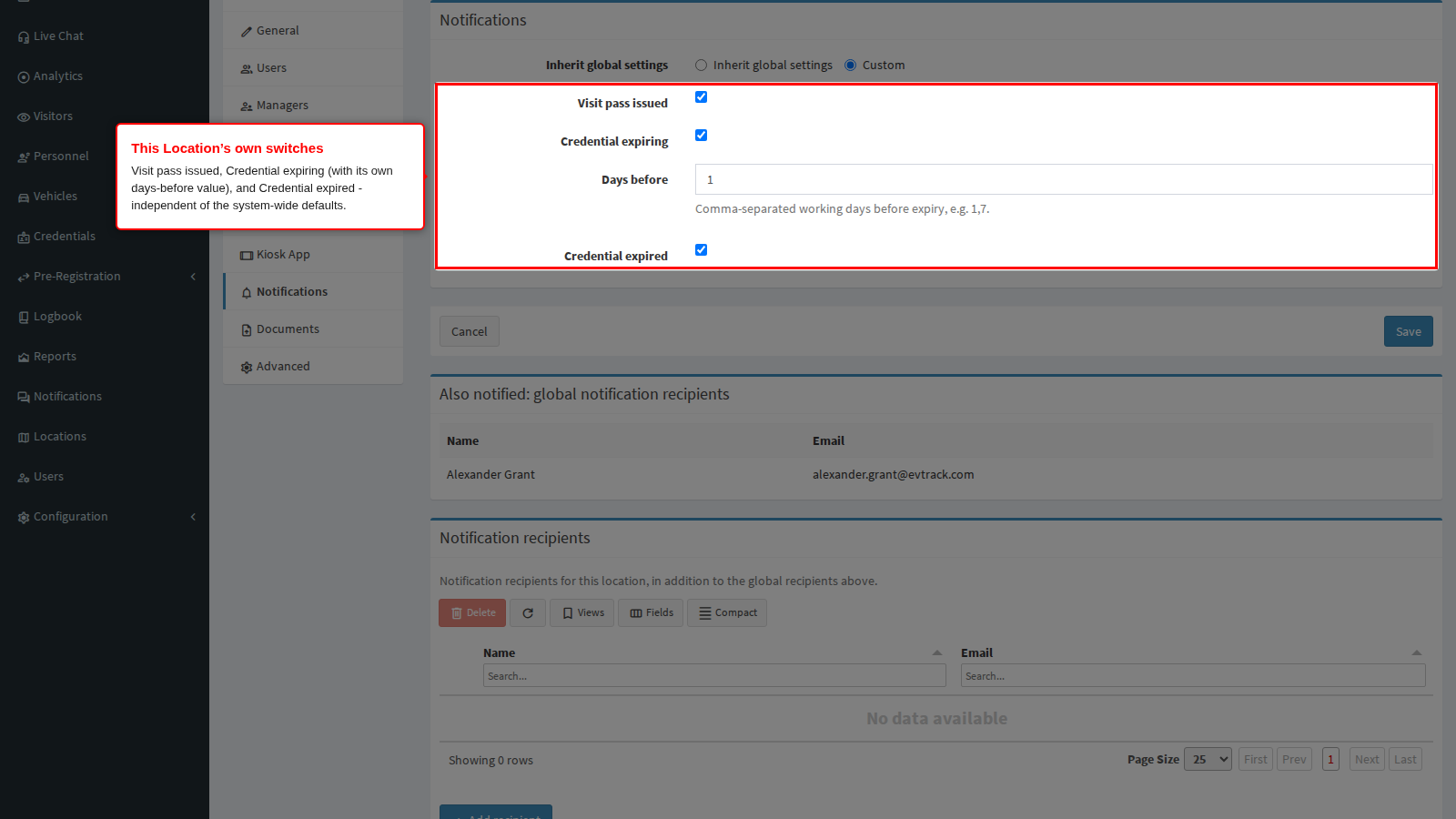 The notice switches once Custom is selected