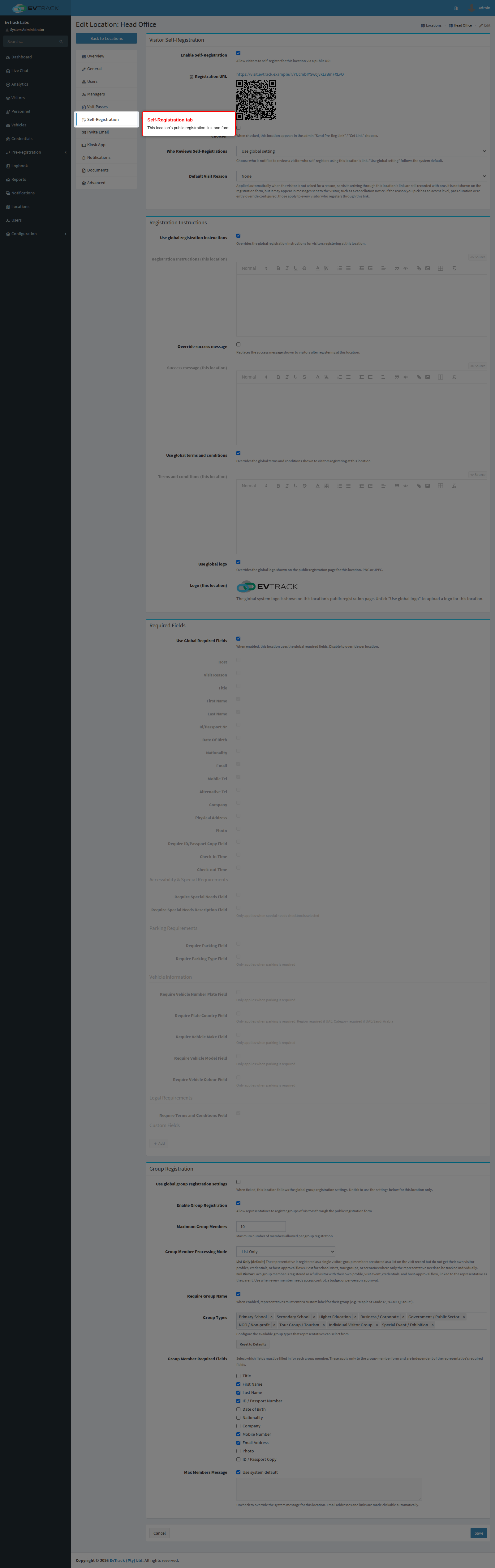 The Self-Registration tab