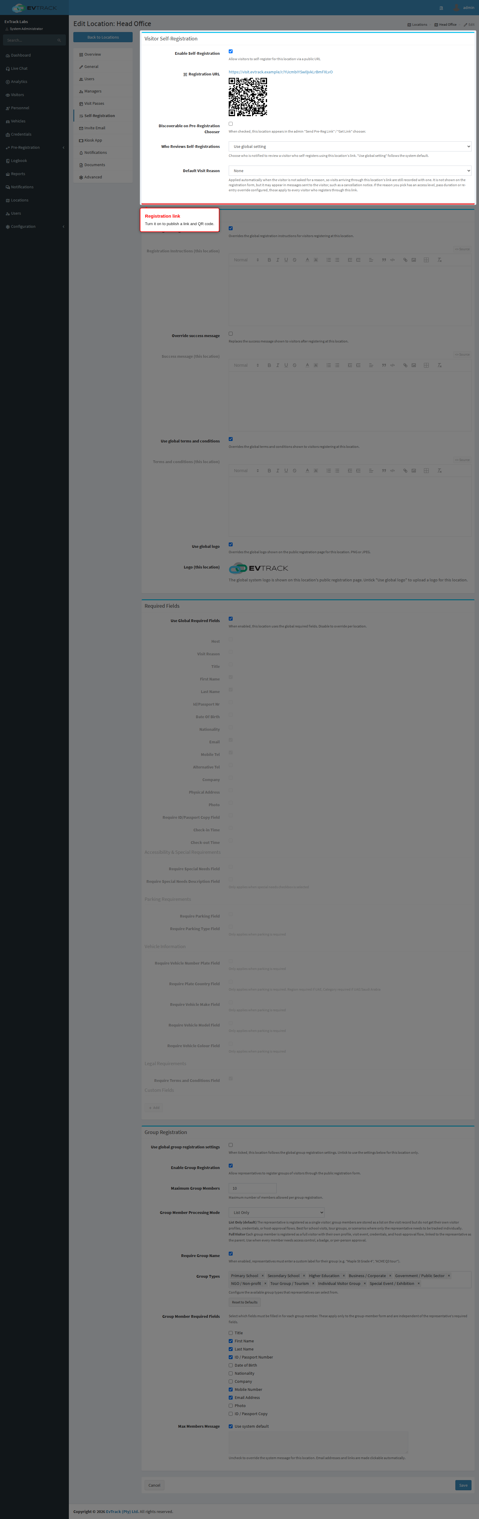 Enable Self-Registration and the registration link