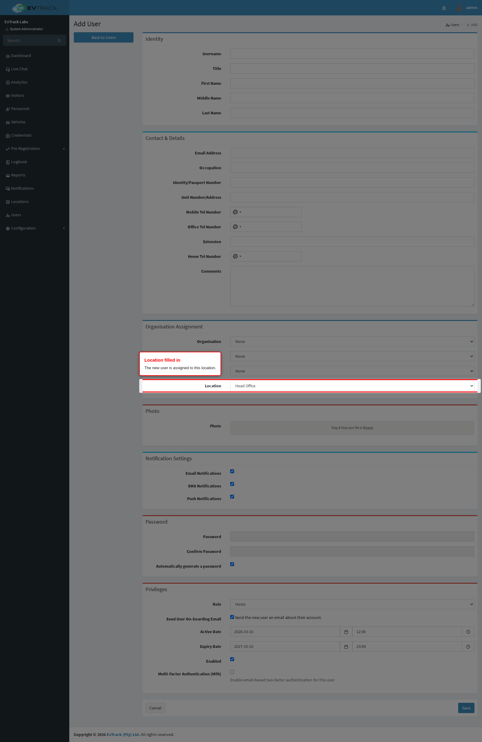 Add User with the location filled in