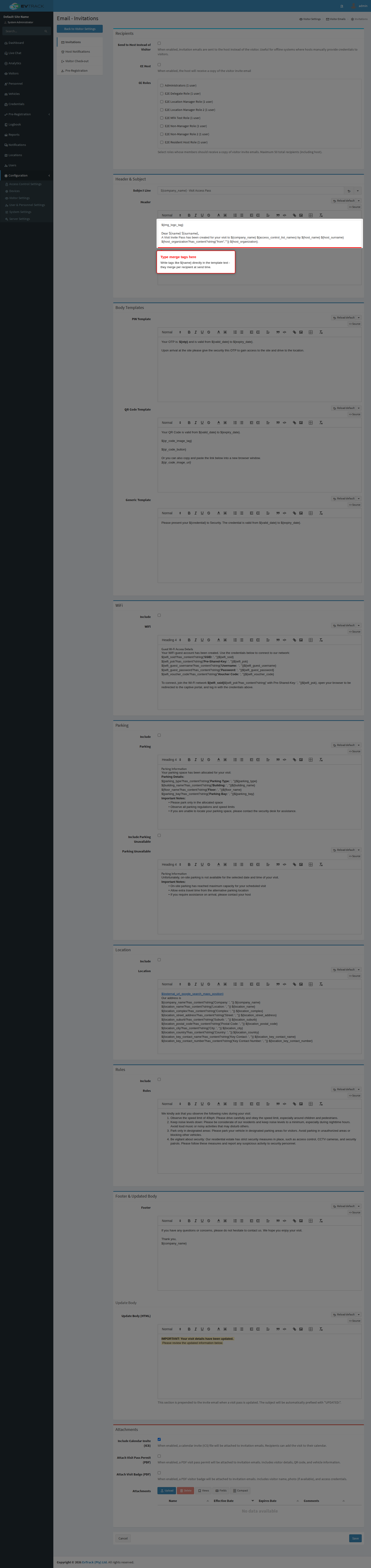 Invitation email template editor with merge tags