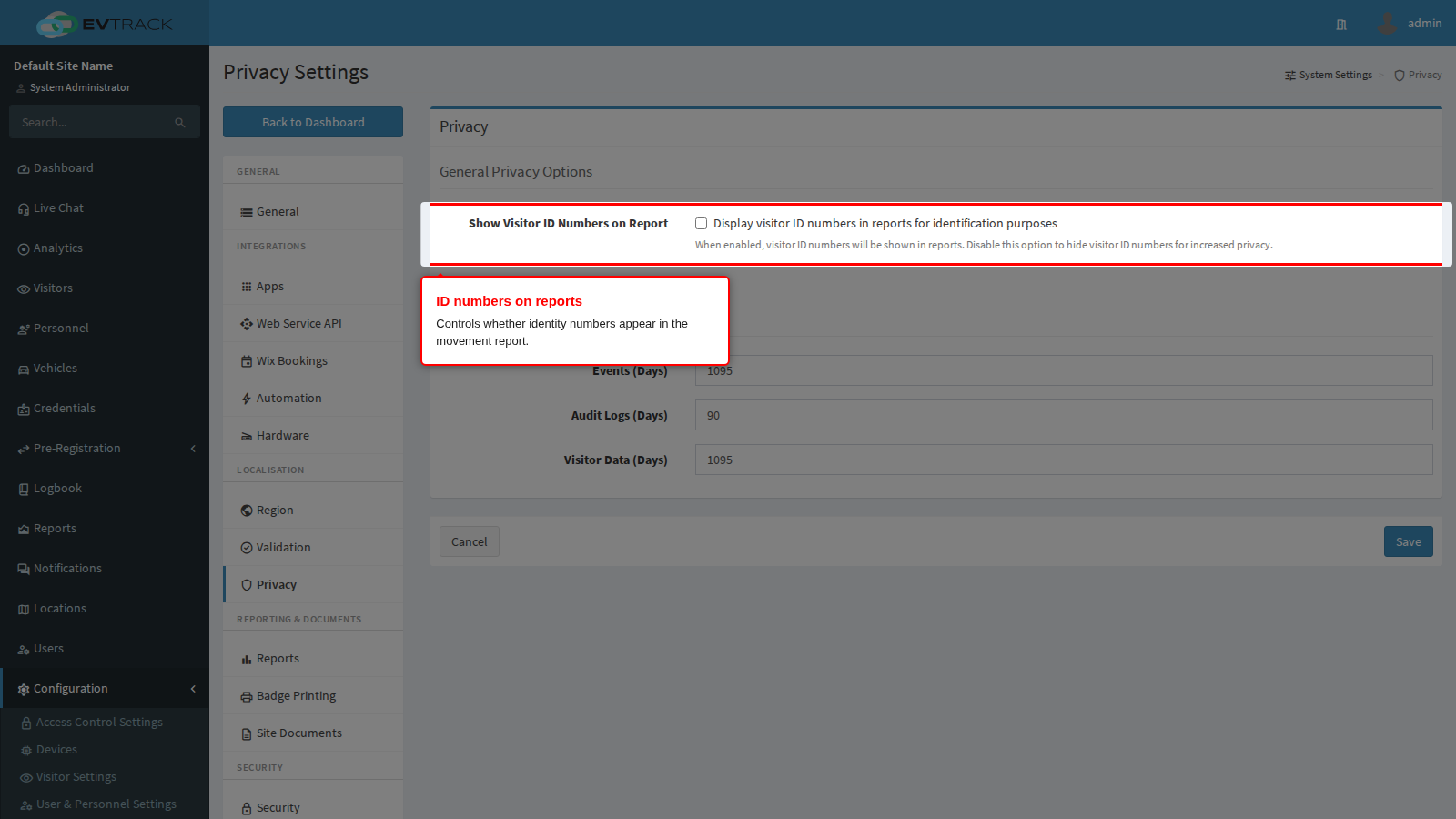 The Show Visitor ID Numbers on Report option