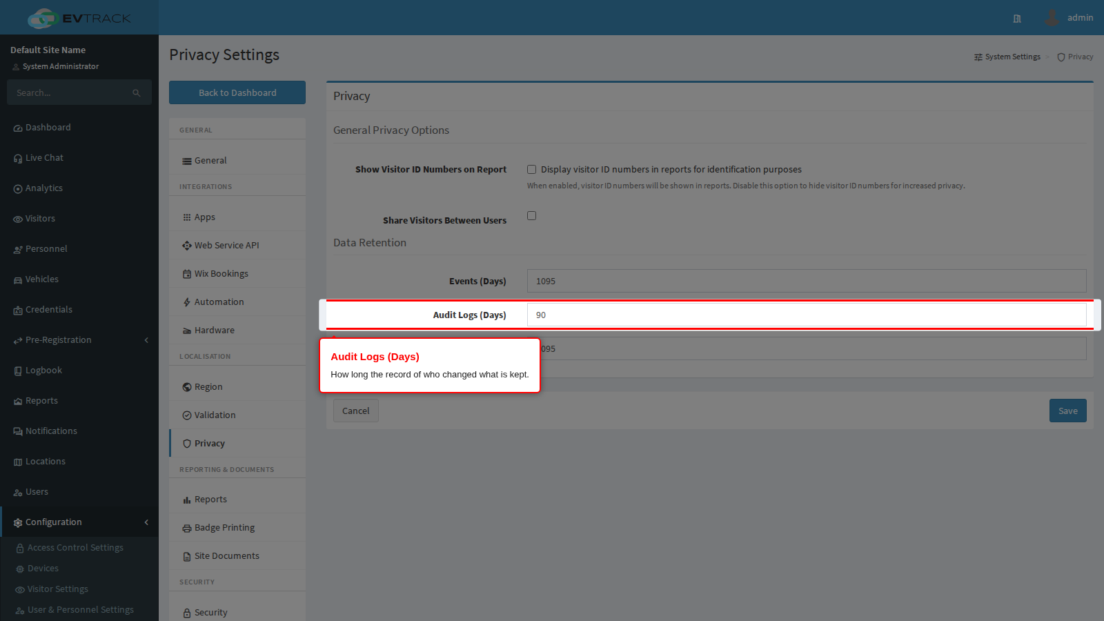 The Audit Logs (Days) field