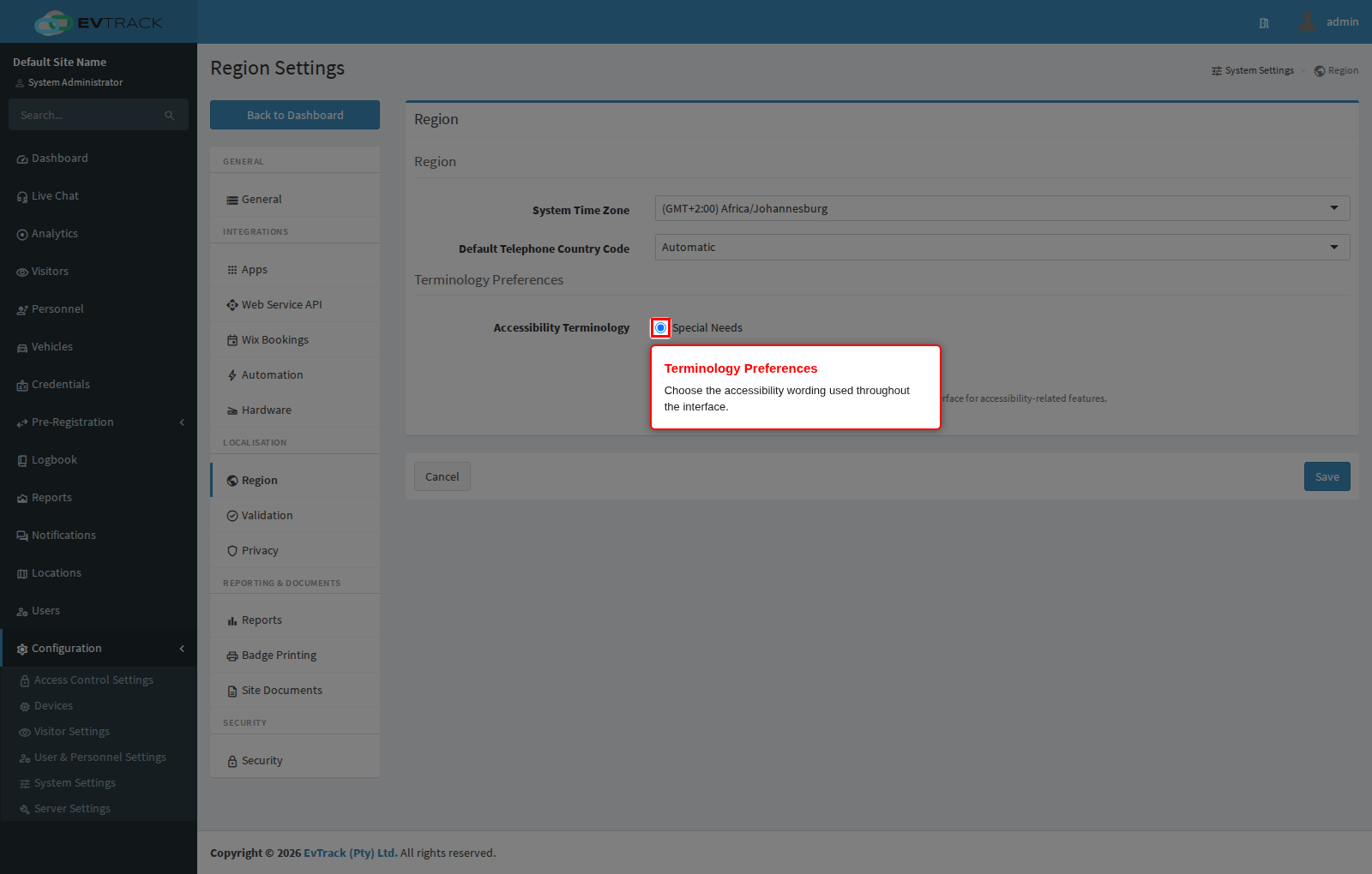 Terminology Preferences section