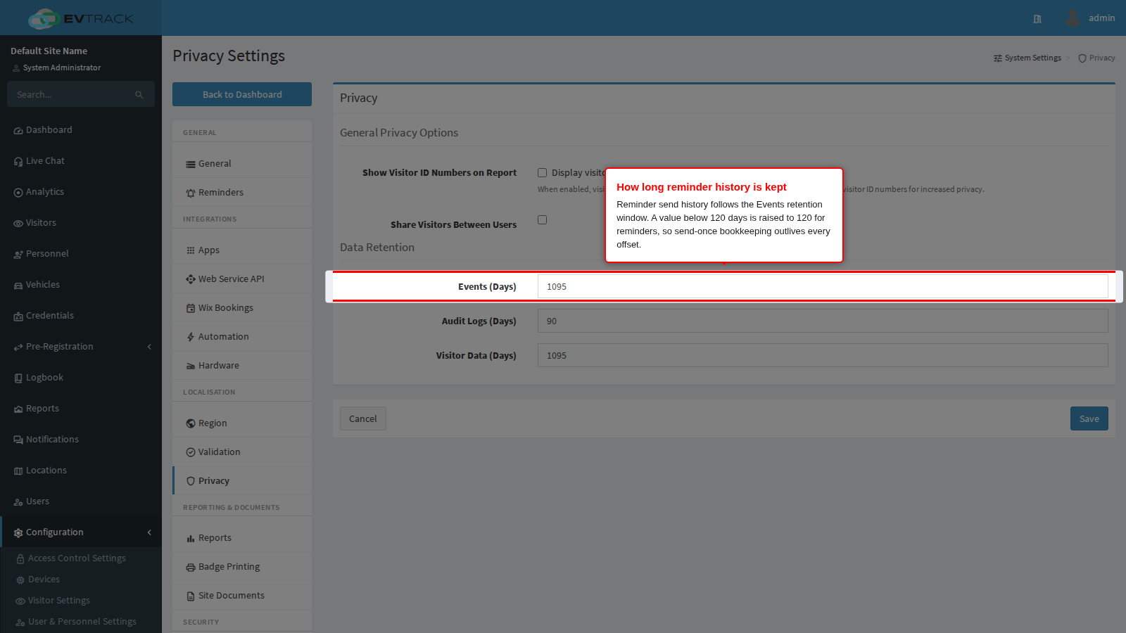 Events retention on the Privacy page