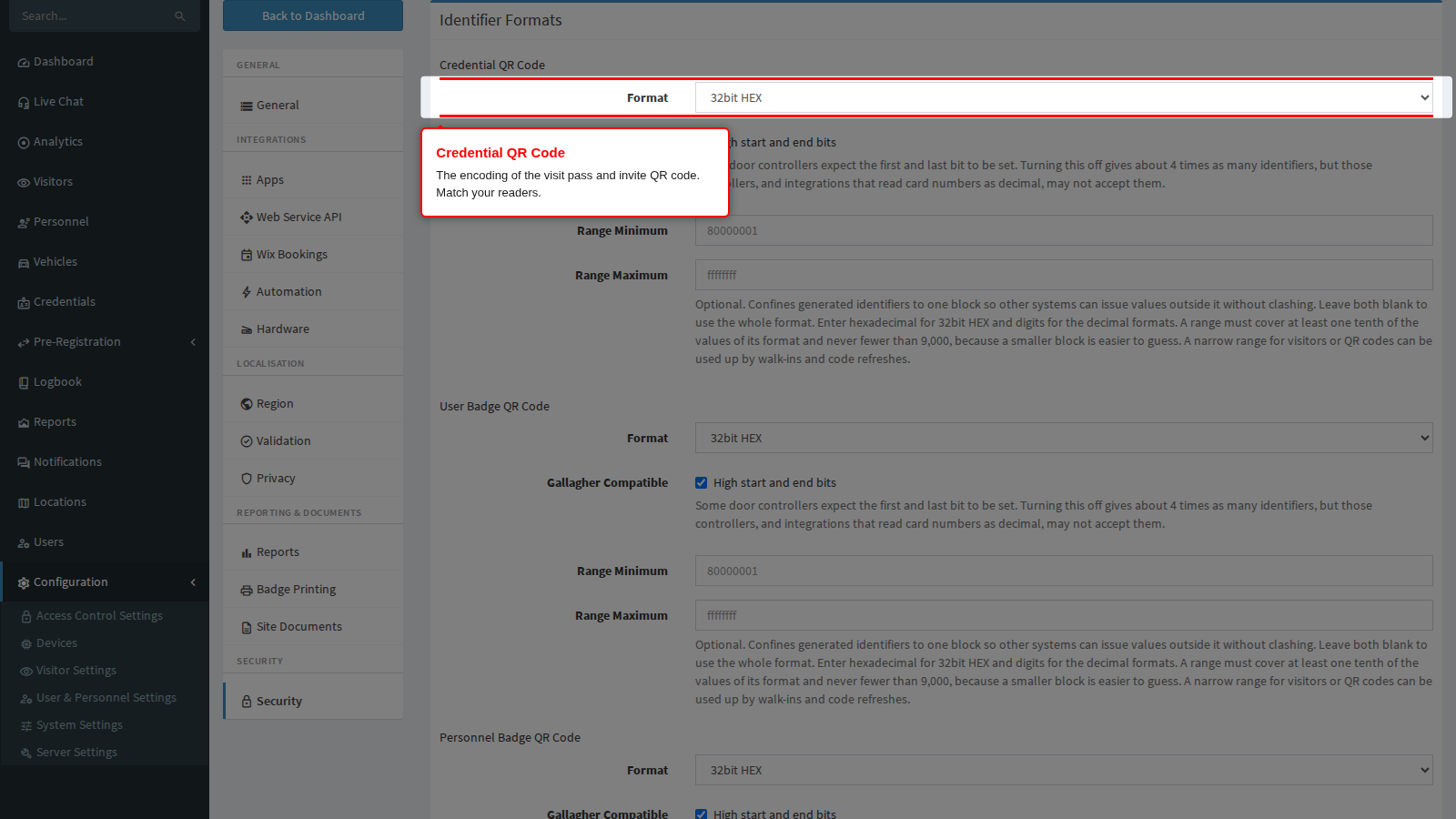 The Credential QR Code format selector