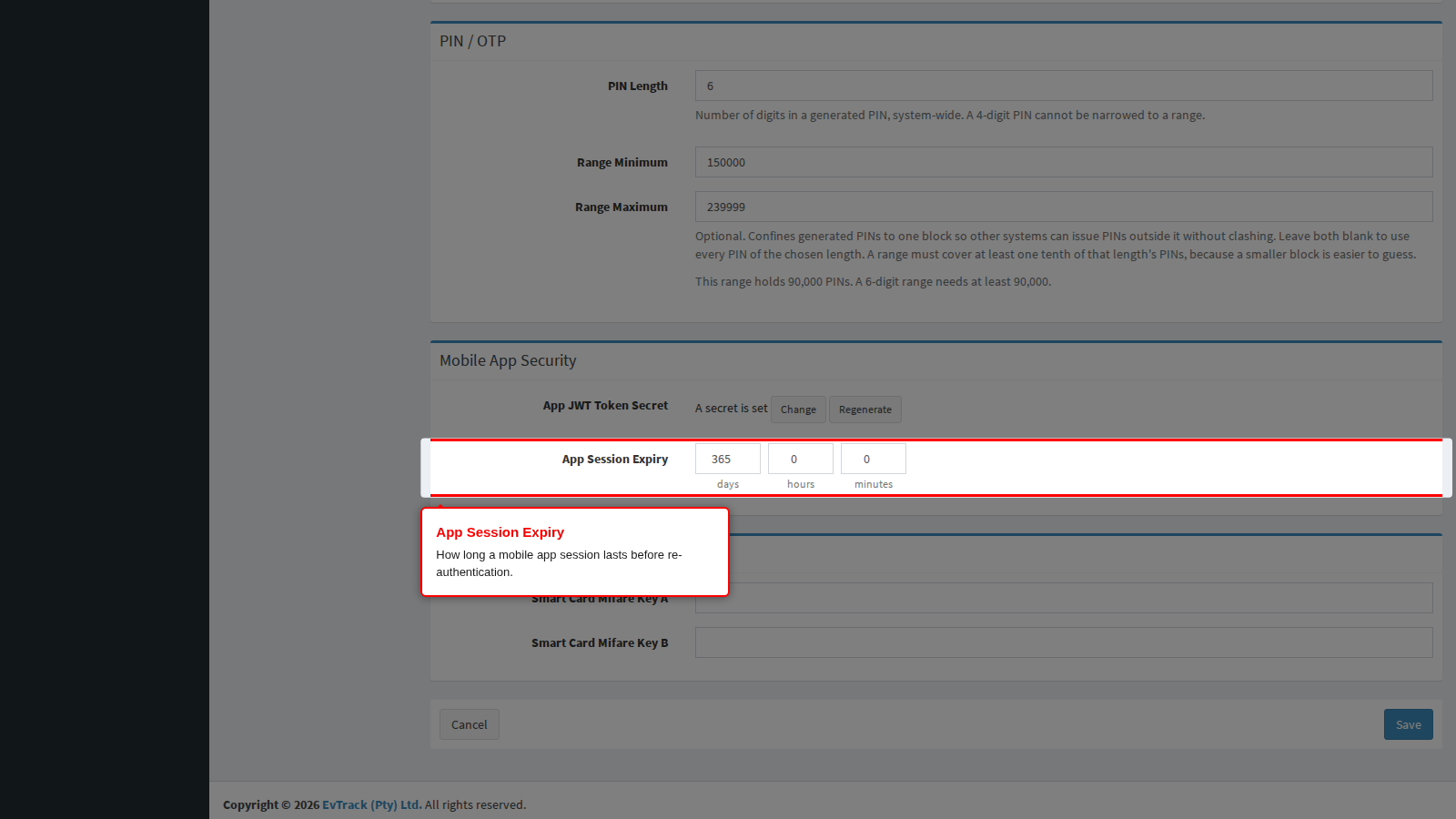 The App Session Expiry field