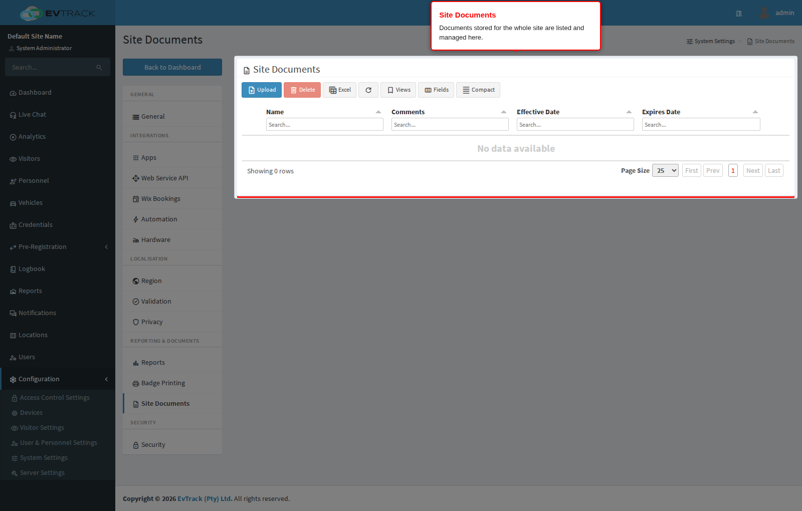 The Site Documents page