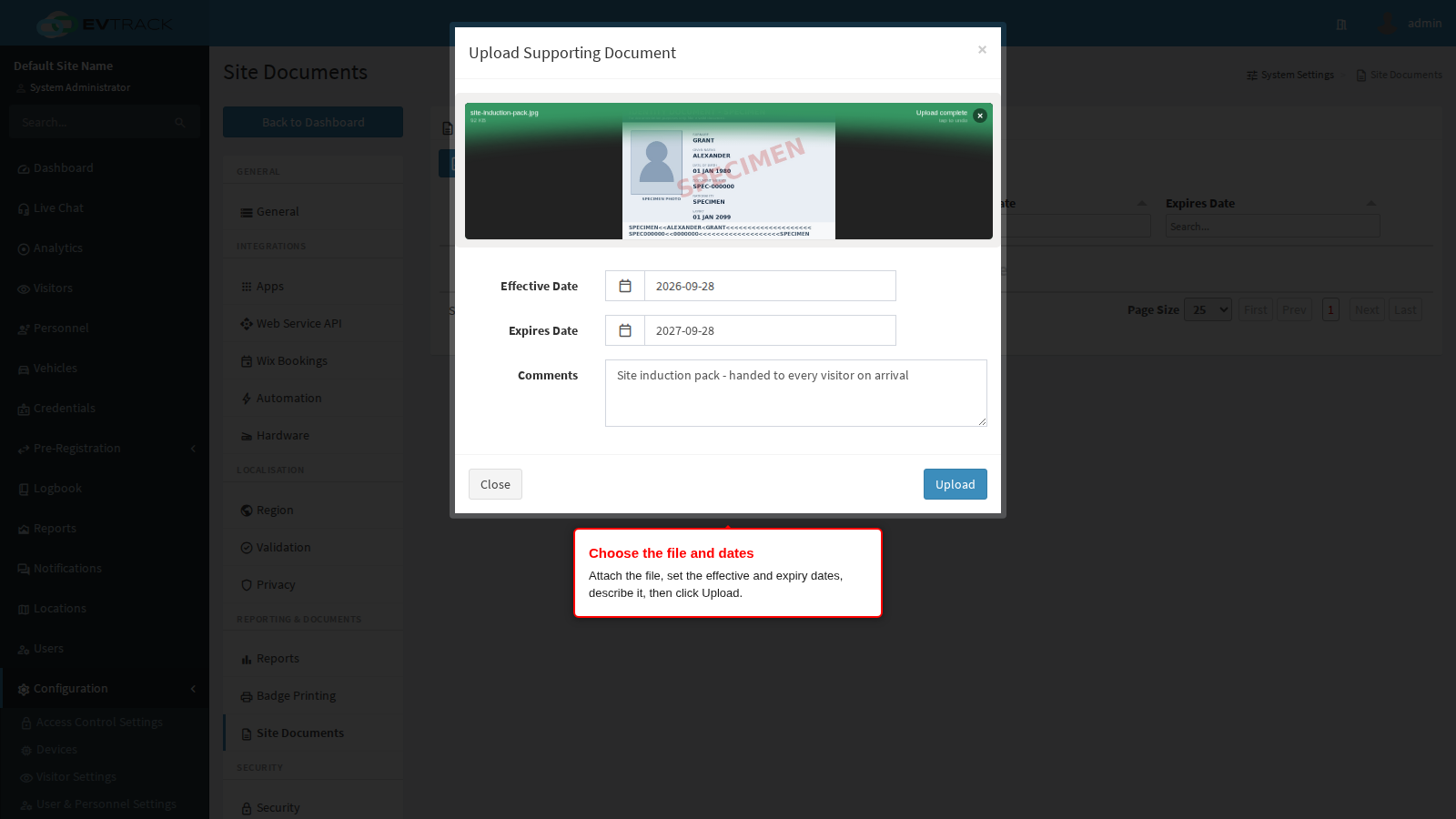 The upload dialog
