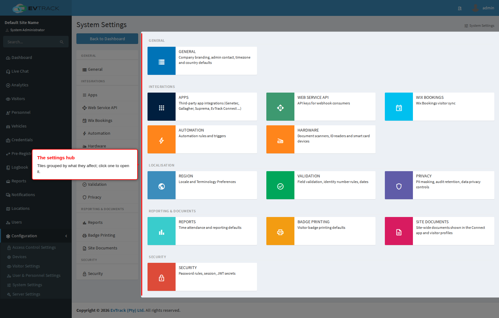 The System Settings landing page