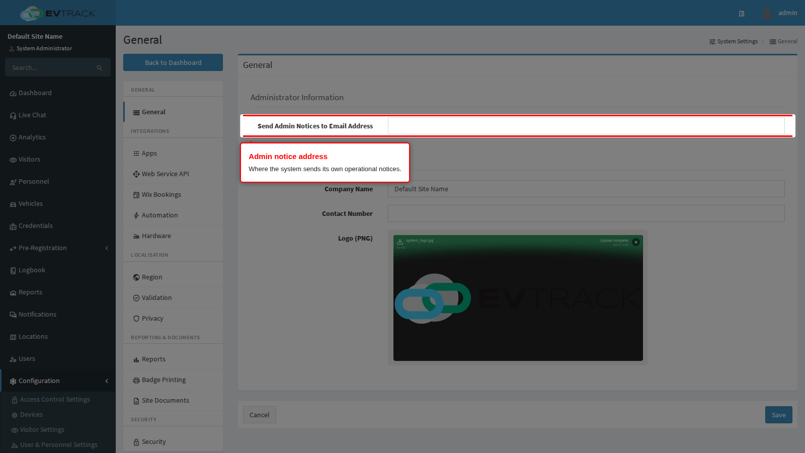 The admin notice email address field