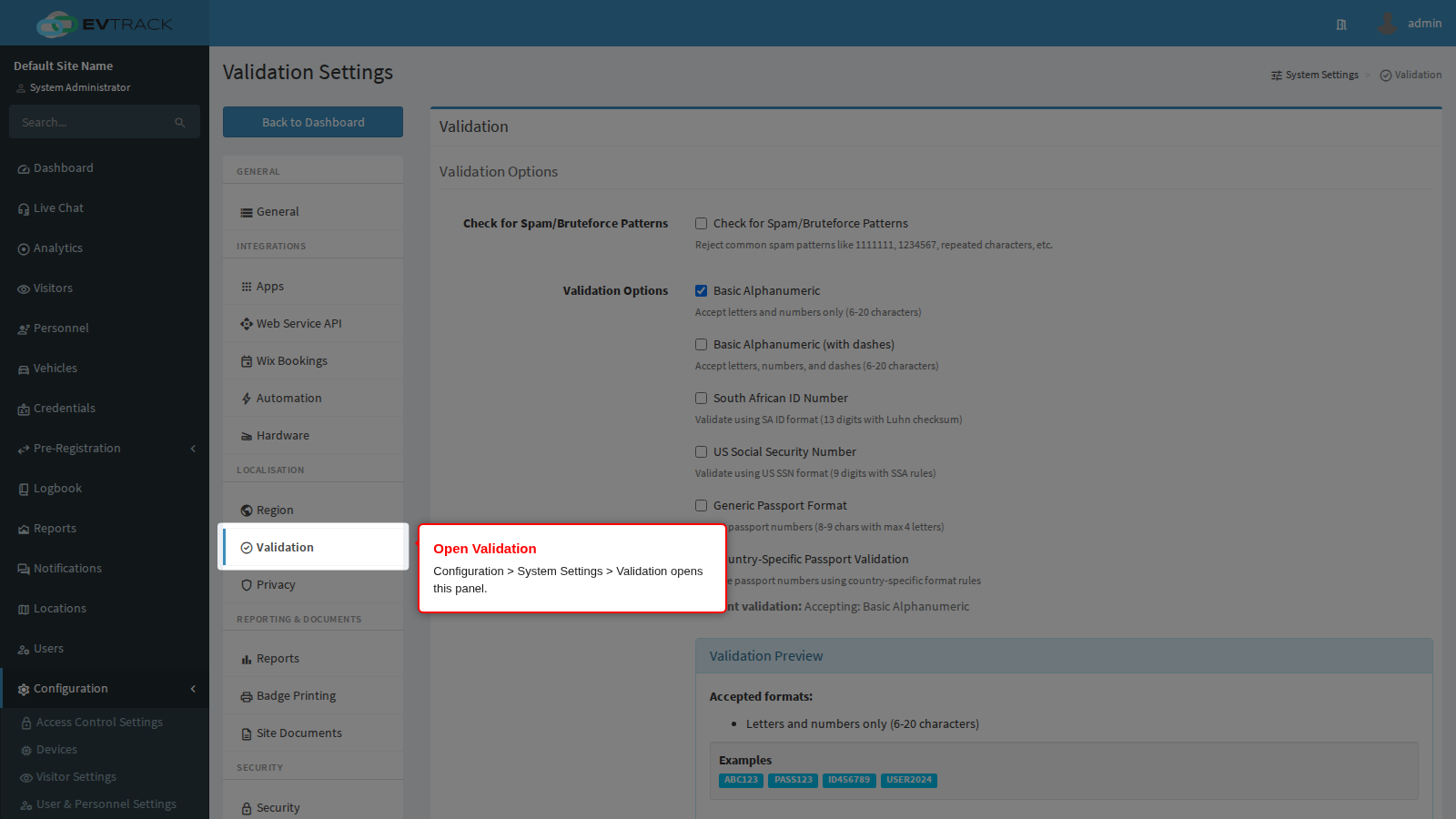 Validation in the System Settings sidebar
