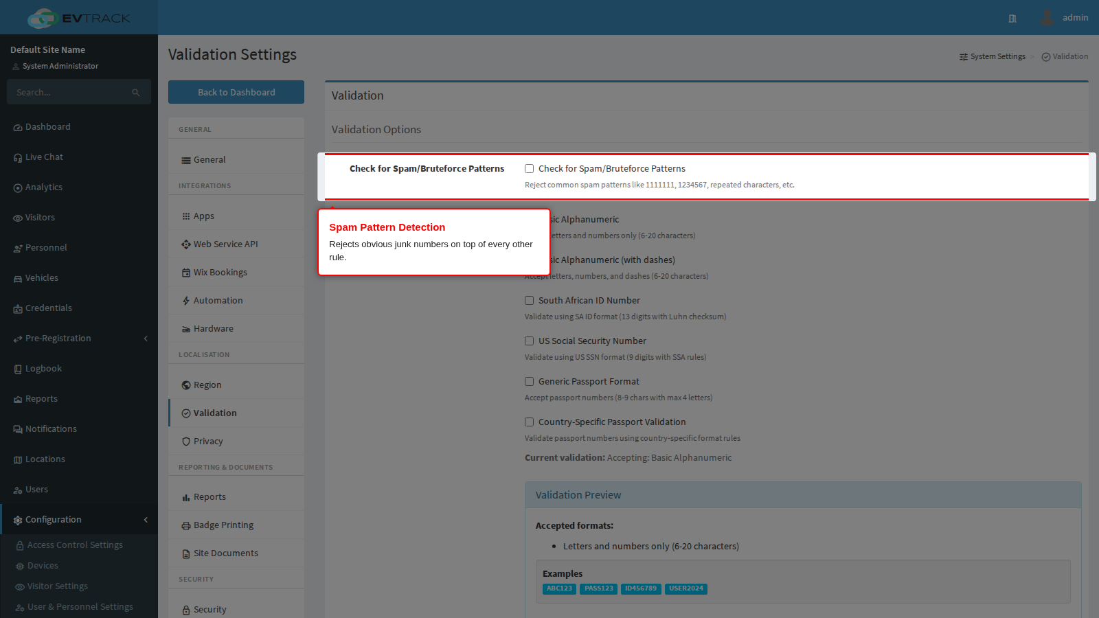 The Check for Spam/Bruteforce Patterns option