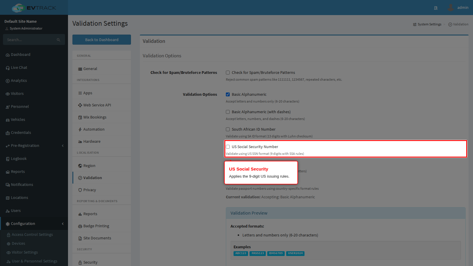 The US Social Security Number option