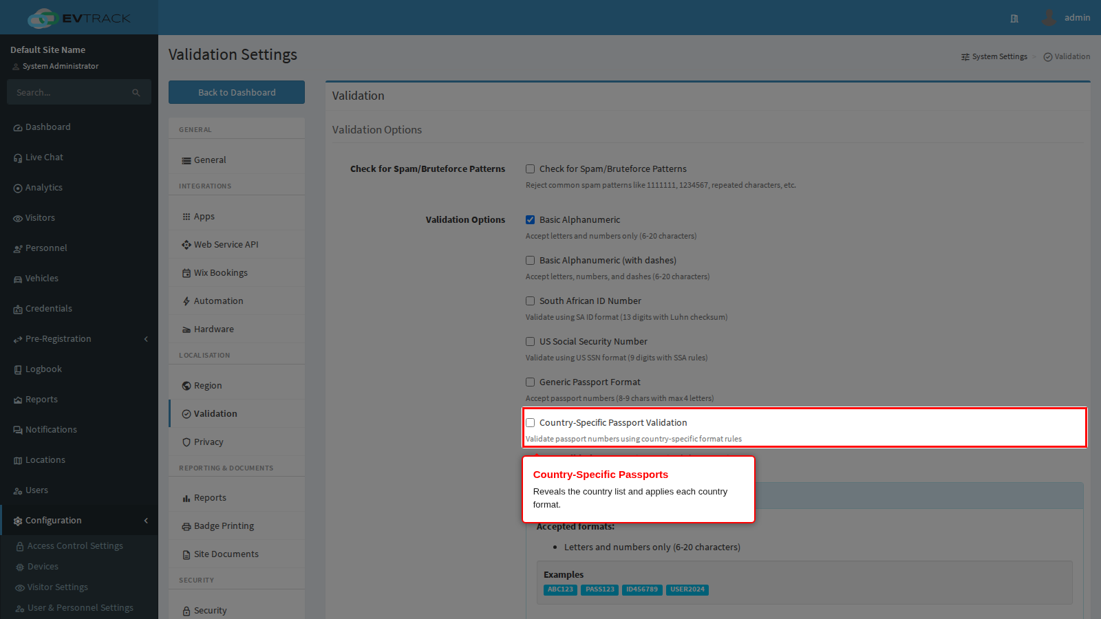 The Country-Specific Passport Validation option