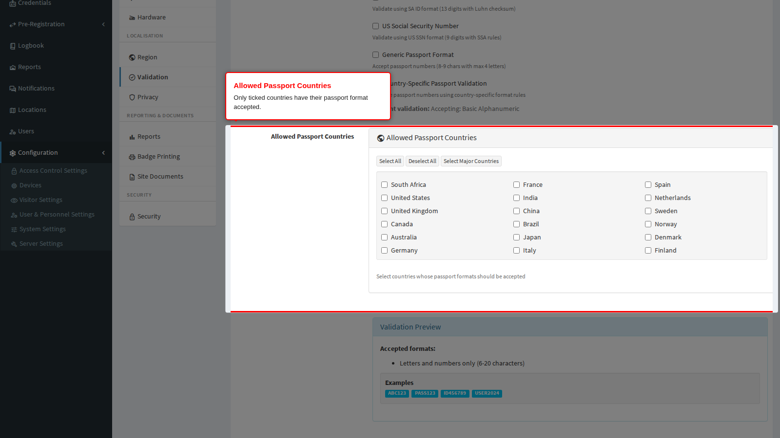 The Allowed Passport Countries panel