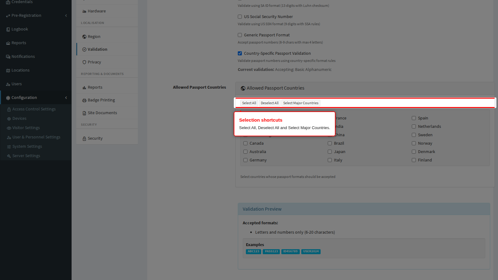 The Select All, Deselect All and Select Major Countries buttons