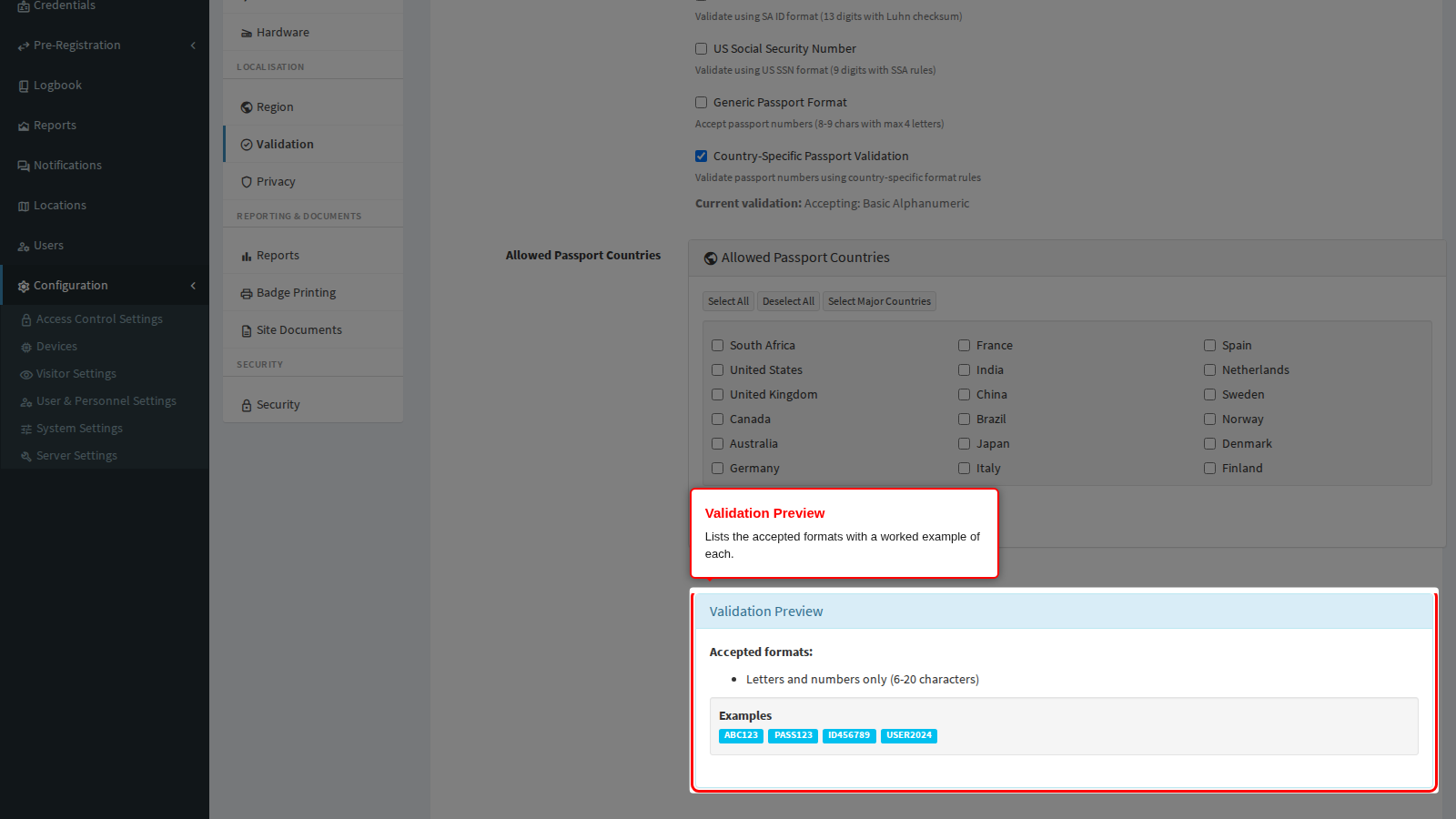 The Validation Preview panel