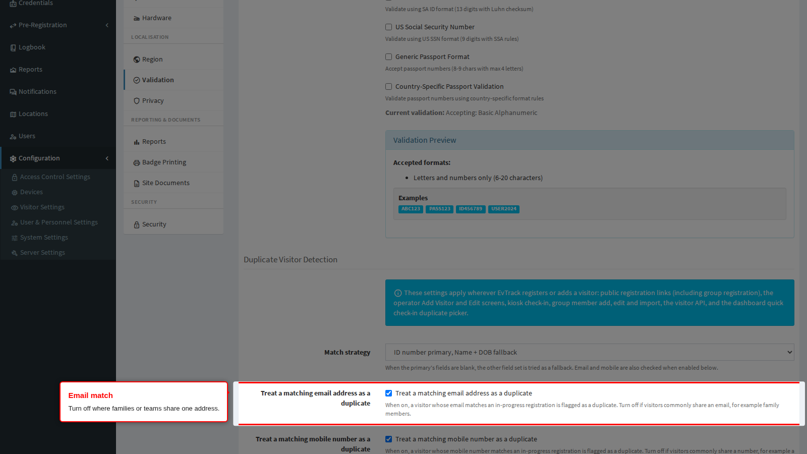 The Email match option