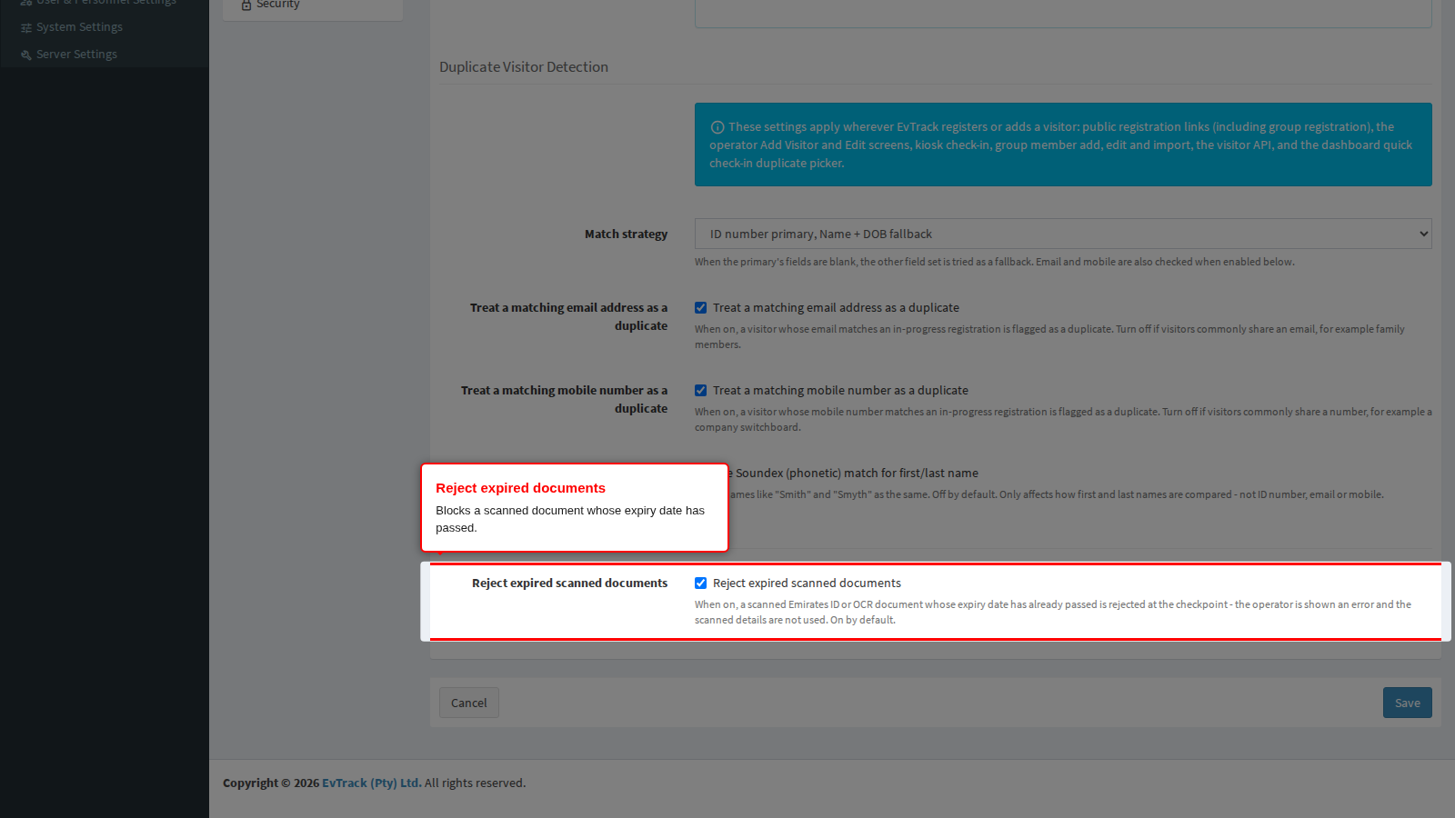 The Reject expired scanned documents option