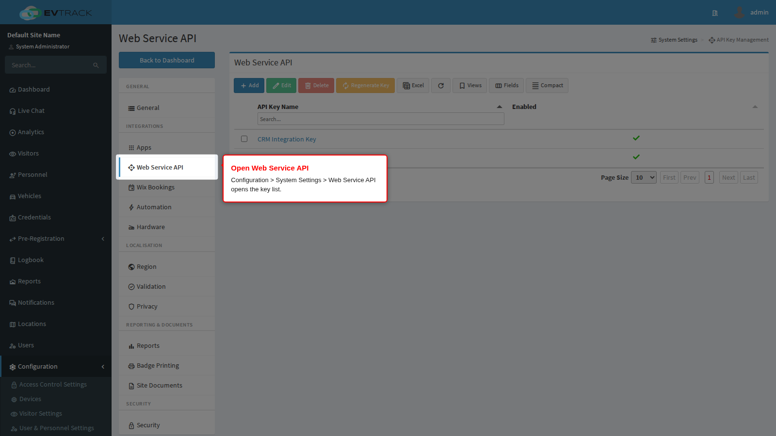 Web Service API in the System Settings sidebar